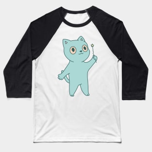 Cute blue cat illustration magic wand Baseball T-Shirt